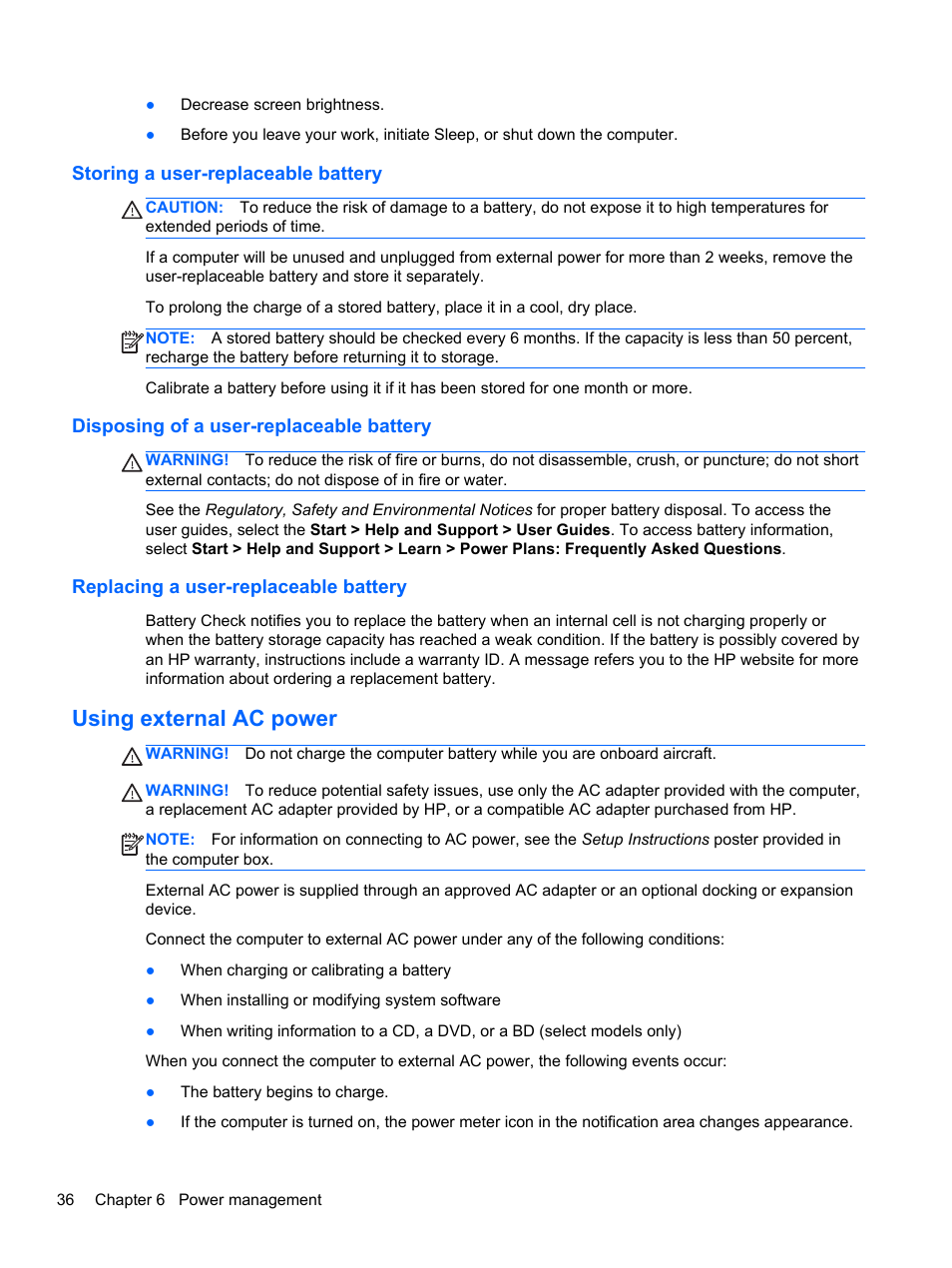 Storing a user-replaceable battery, Disposing of a user-replaceable battery, Replacing a user-replaceable battery | Using external ac power | HP mt41 Mobile Thin Client User Manual | Page 46 / 90