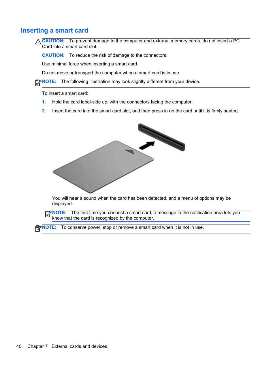 Inserting a smart card | HP mt41 Mobile Thin Client User Manual | Page 50 / 90