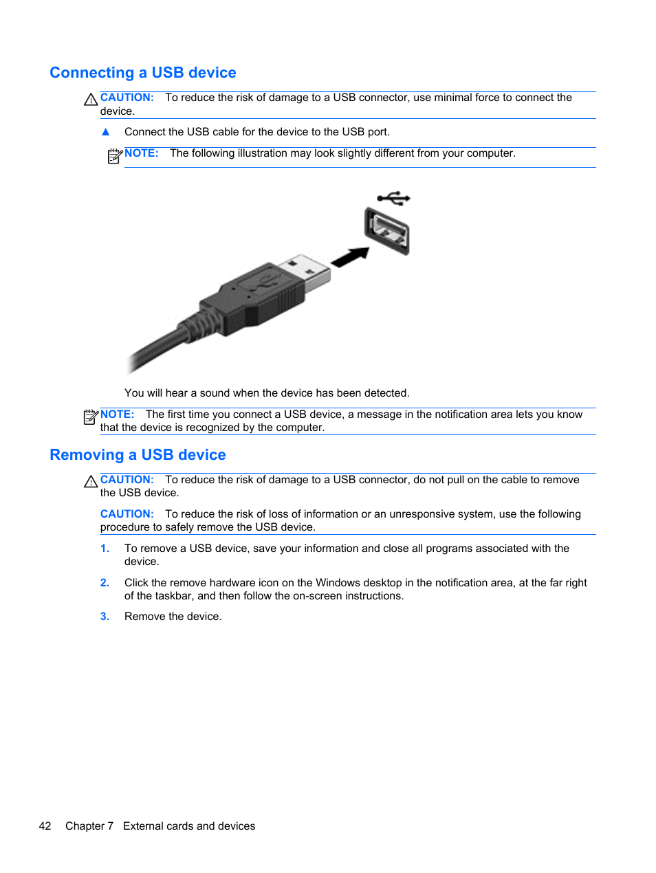 Connecting a usb device, Removing a usb device, Connecting a usb device removing a usb device | HP mt41 Mobile Thin Client User Manual | Page 52 / 90