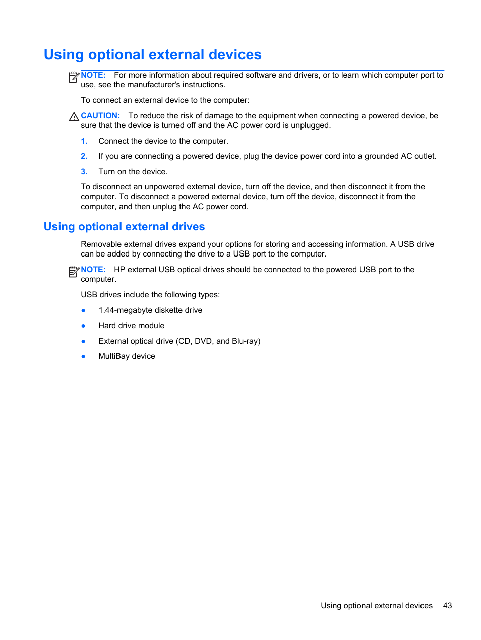 Using optional external devices, Using optional external drives | HP mt41 Mobile Thin Client User Manual | Page 53 / 90