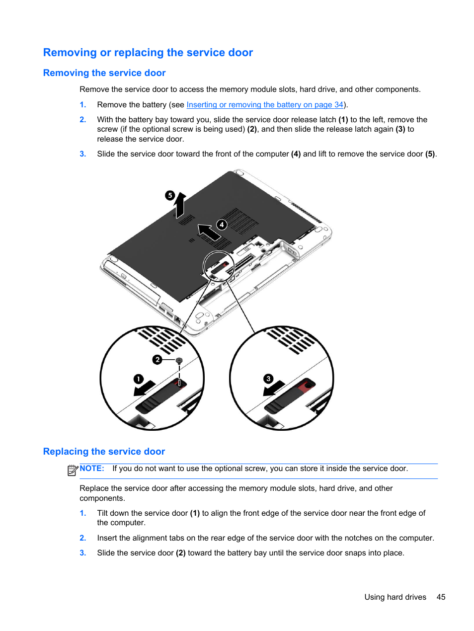 Removing or replacing the service door, Removing the service door, Replacing the service door | HP mt41 Mobile Thin Client User Manual | Page 55 / 90