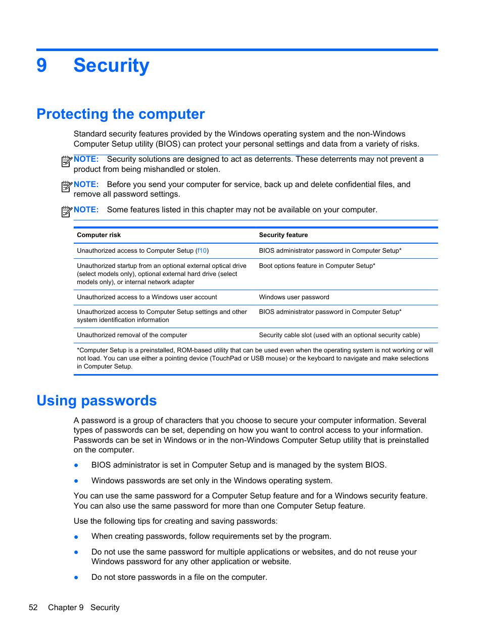 Security, Protecting the computer, Using passwords | 9 security, 9security | HP mt41 Mobile Thin Client User Manual | Page 62 / 90