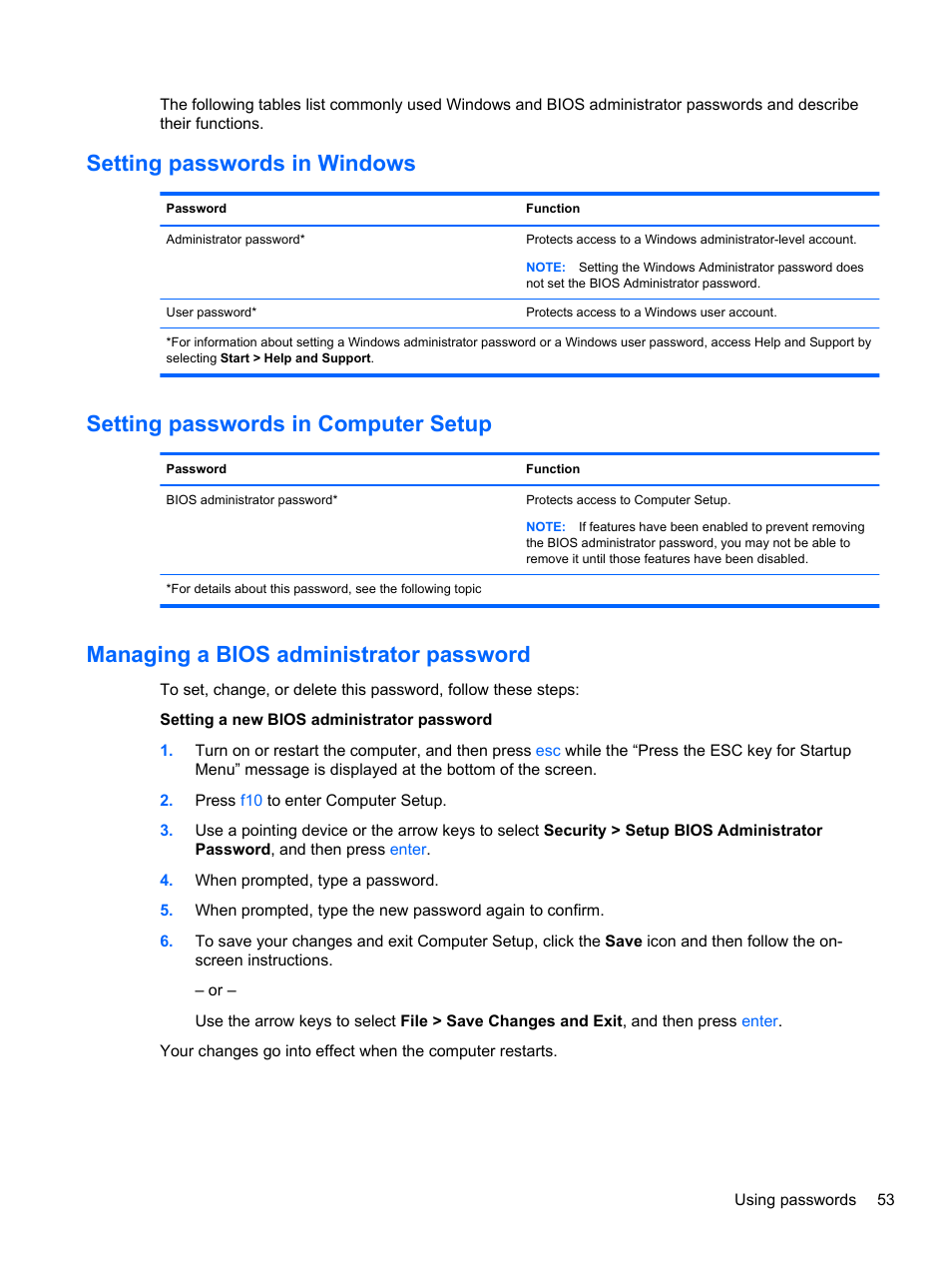 Setting passwords in windows, Setting passwords in computer setup, Managing a bios administrator password | HP mt41 Mobile Thin Client User Manual | Page 63 / 90