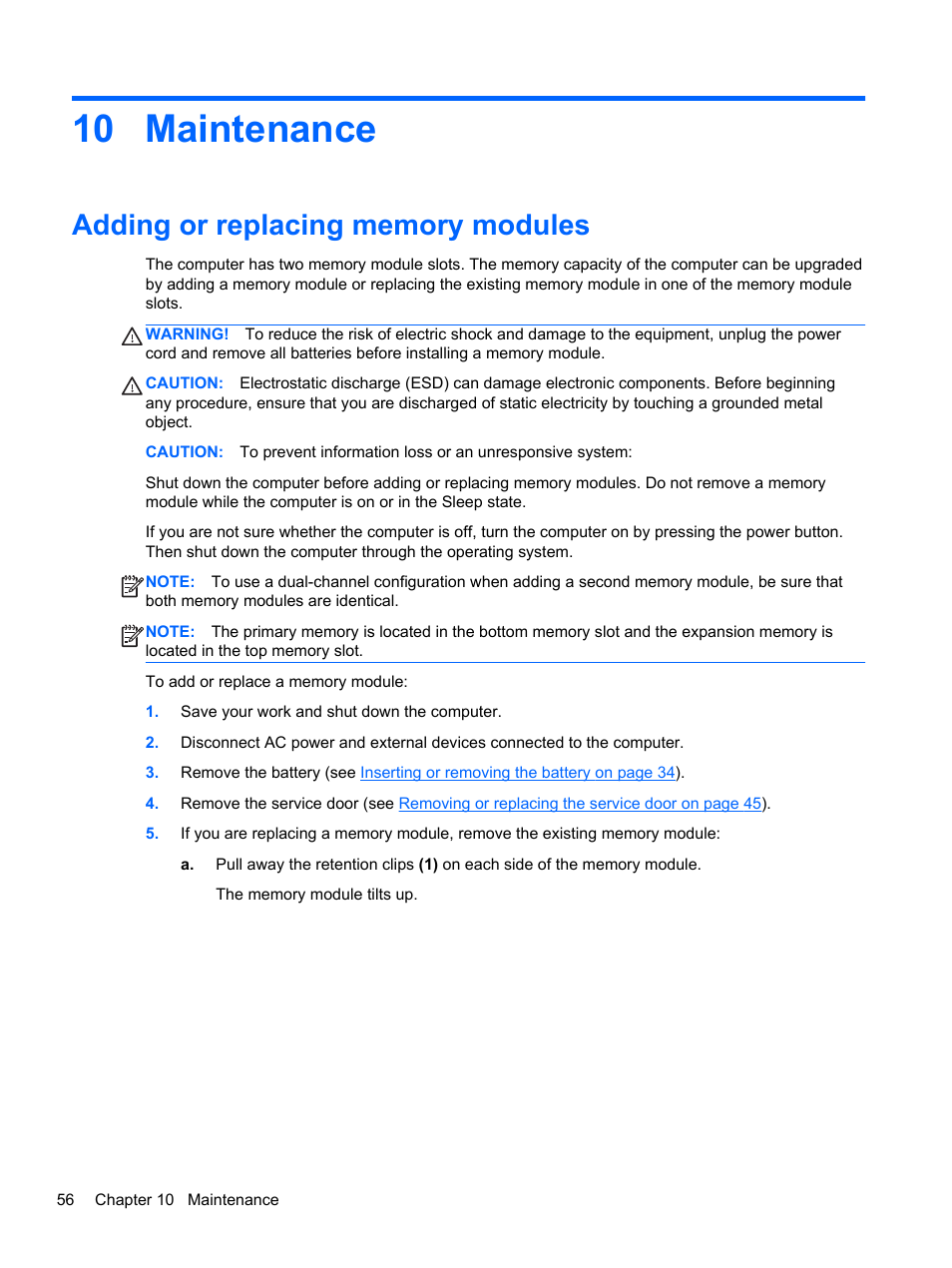 Maintenance, Adding or replacing memory modules, 10 maintenance | HP mt41 Mobile Thin Client User Manual | Page 66 / 90