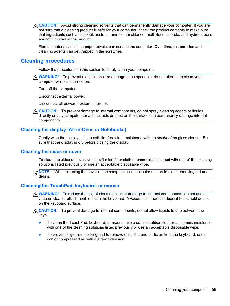 Cleaning procedures, Cleaning the display (all-in-ones or notebooks), Cleaning the sides or cover | Cleaning the touchpad, keyboard, or mouse | HP mt41 Mobile Thin Client User Manual | Page 69 / 90