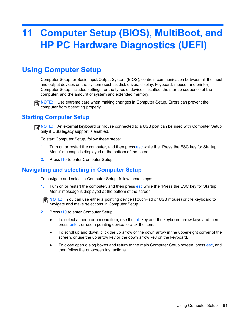 Using computer setup, Starting computer setup, Navigating and selecting in computer setup | HP mt41 Mobile Thin Client User Manual | Page 71 / 90