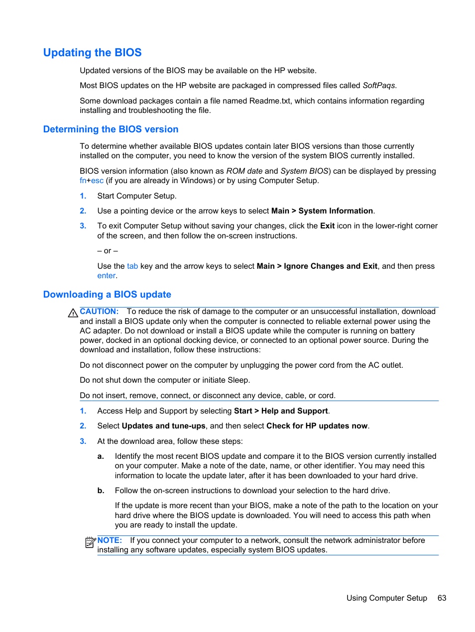 Updating the bios, Determining the bios version, Downloading a bios update | HP mt41 Mobile Thin Client User Manual | Page 73 / 90