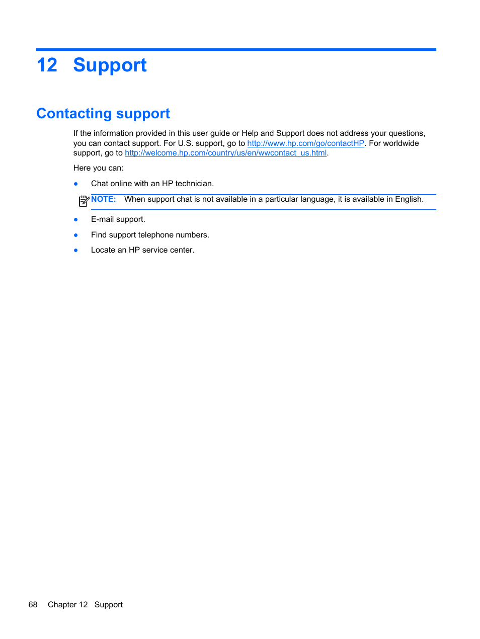 Support, Contacting support, 12 support | HP mt41 Mobile Thin Client User Manual | Page 78 / 90