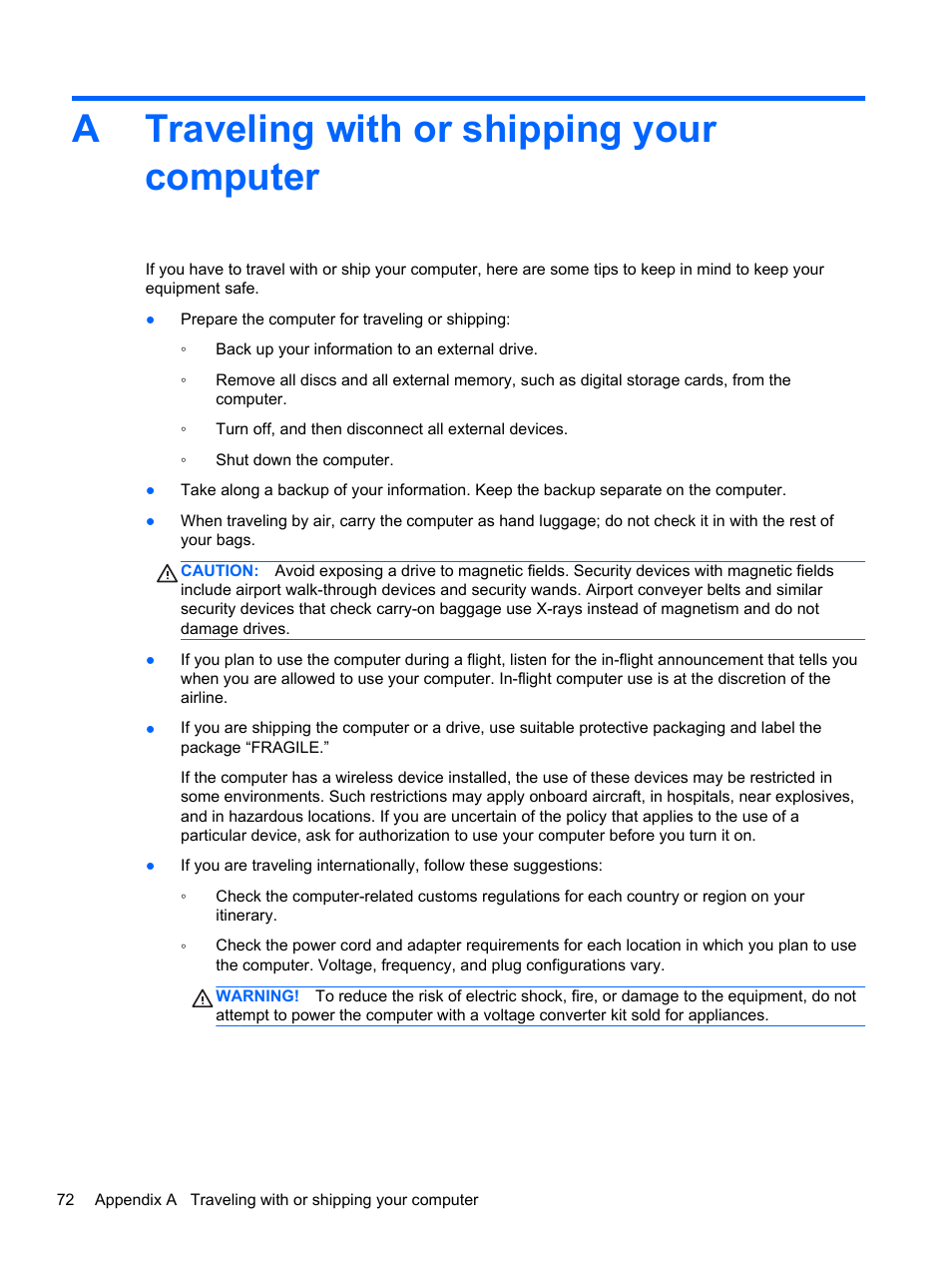 Traveling with or shipping your computer, Atraveling with or shipping your computer | HP mt41 Mobile Thin Client User Manual | Page 82 / 90