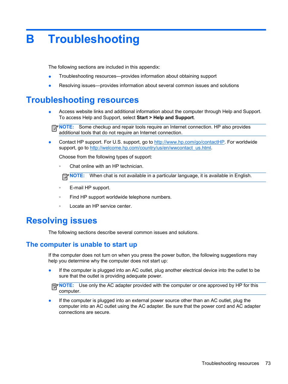 Troubleshooting, Troubleshooting resources, Resolving issues | The computer is unable to start up, Appendix b troubleshooting, Troubleshooting resources resolving issues, Btroubleshooting | HP mt41 Mobile Thin Client User Manual | Page 83 / 90