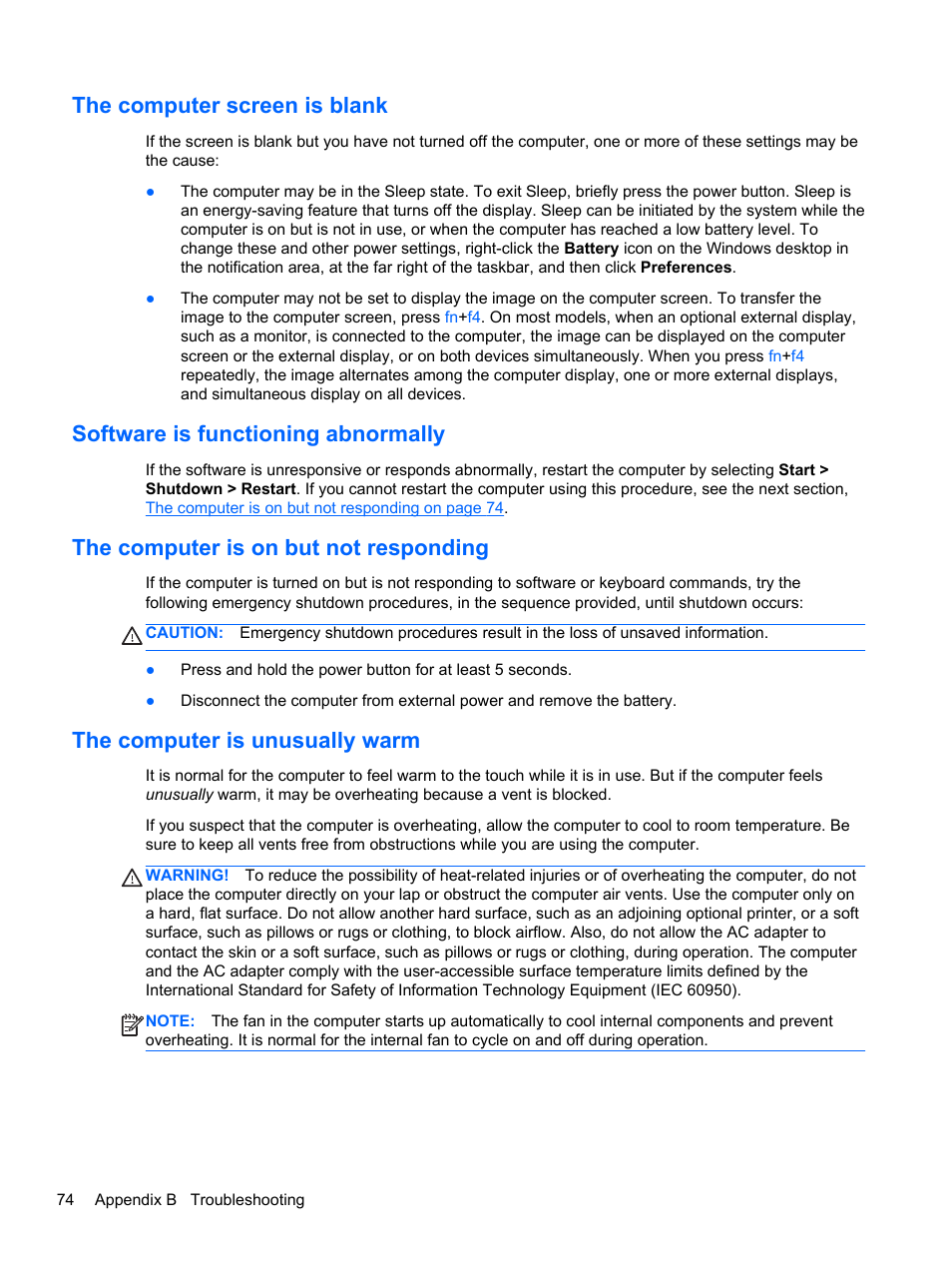 The computer screen is blank, Software is functioning abnormally, The computer is on but not responding | The computer is unusually warm | HP mt41 Mobile Thin Client User Manual | Page 84 / 90