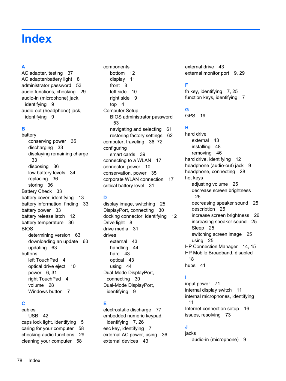 Index | HP mt41 Mobile Thin Client User Manual | Page 88 / 90