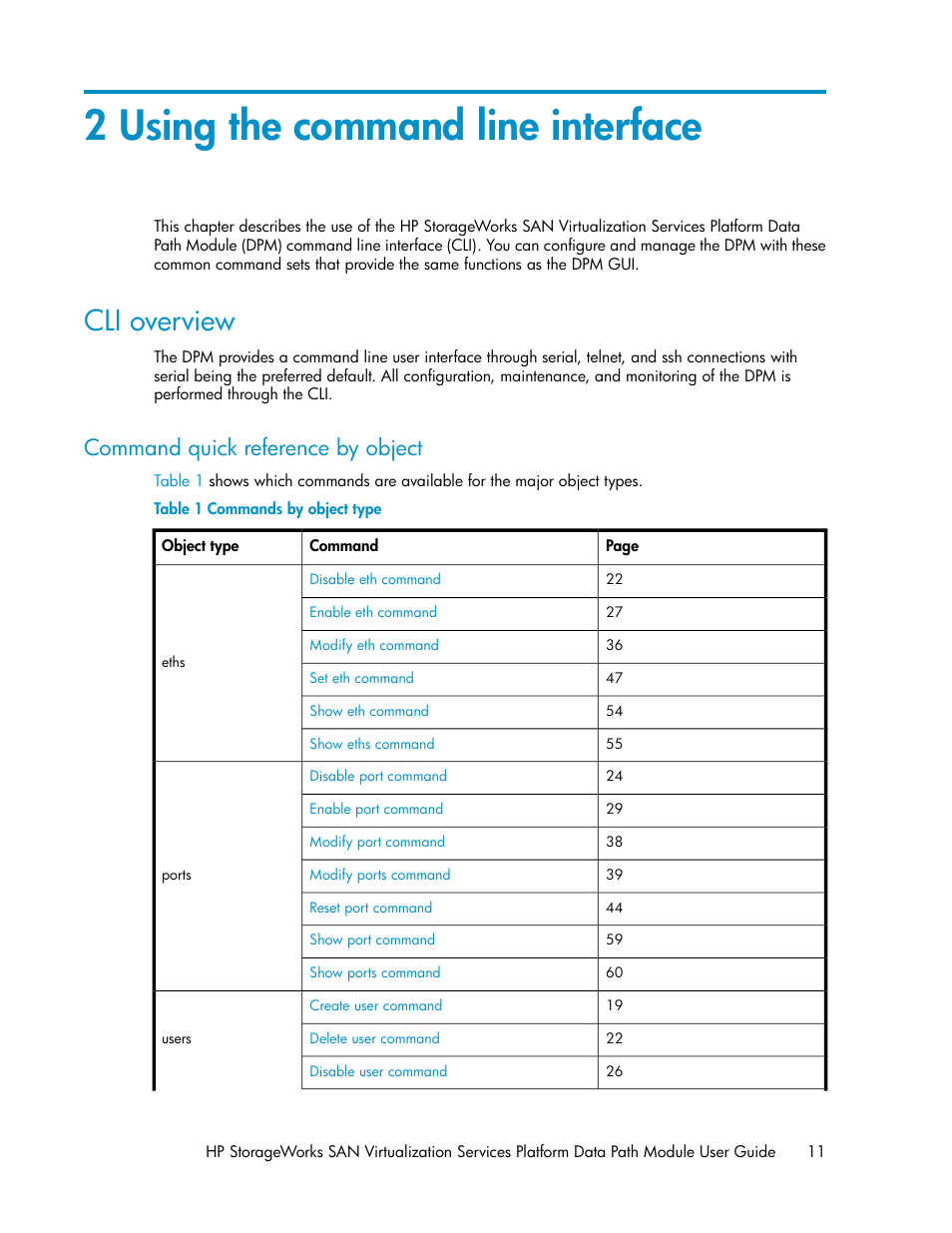2 using the command line interface, Cli overview, Command quick reference by object | Commands by object type | HP SAN Virtualization Services Platform User Manual | Page 11 / 94