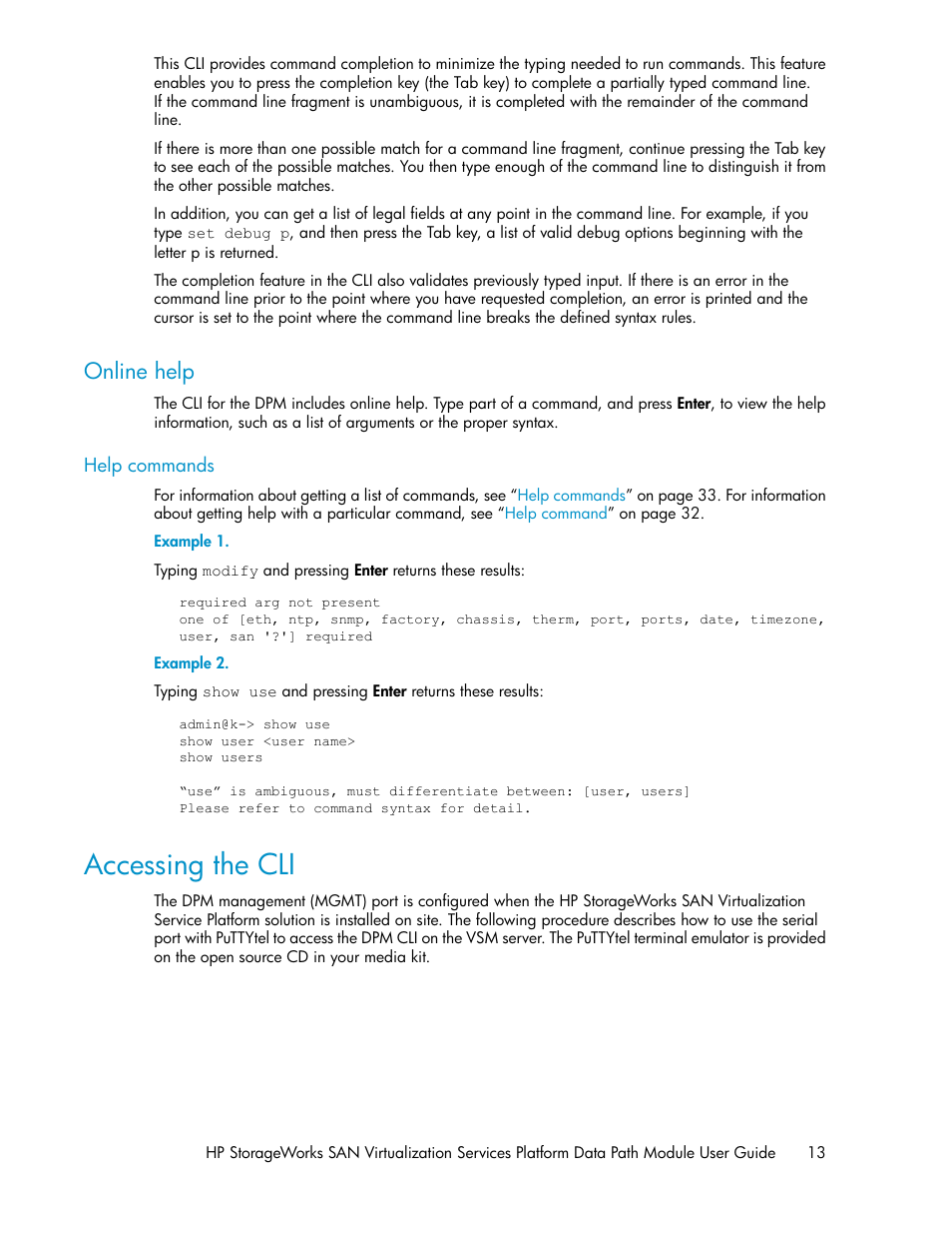 Online help, Accessing the cli | HP SAN Virtualization Services Platform User Manual | Page 13 / 94