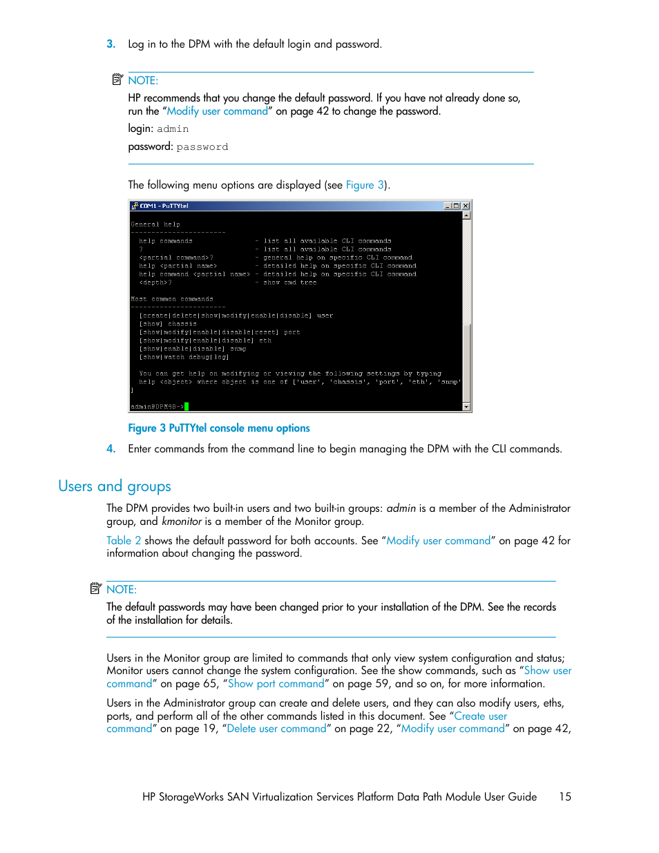 Users and groups, Puttytel console menu options | HP SAN Virtualization Services Platform User Manual | Page 15 / 94