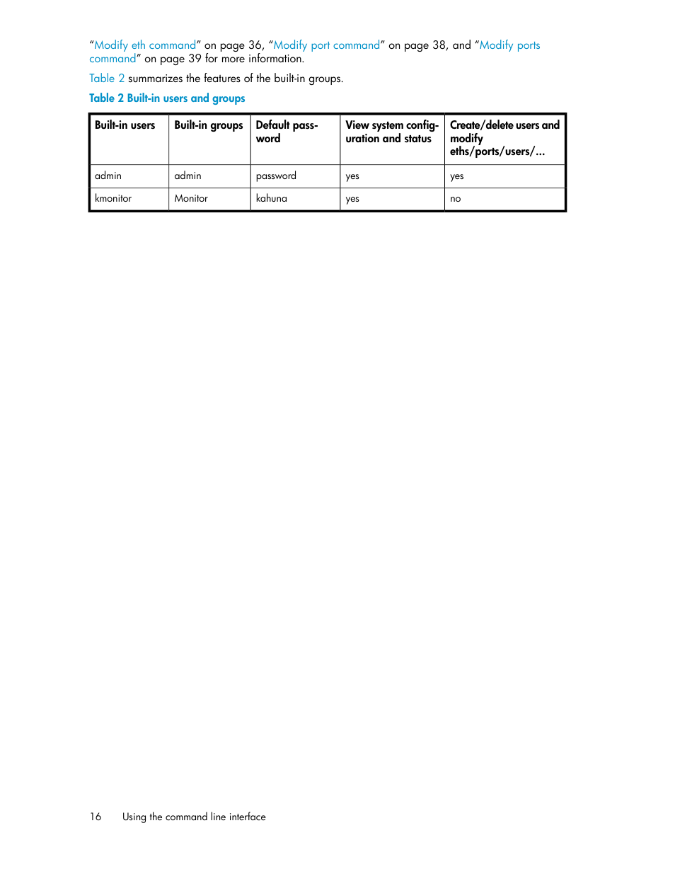 Built-in users and groups, Table 2 | HP SAN Virtualization Services Platform User Manual | Page 16 / 94