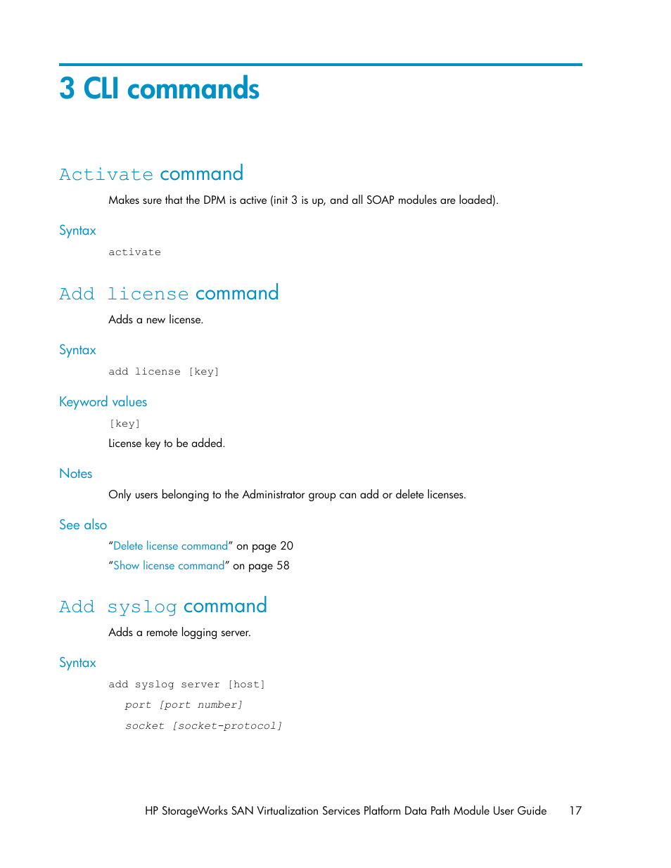 3 cli commands, Activate command, Add license command | Add syslog command, 17 add license command, 17 add syslog command | HP SAN Virtualization Services Platform User Manual | Page 17 / 94