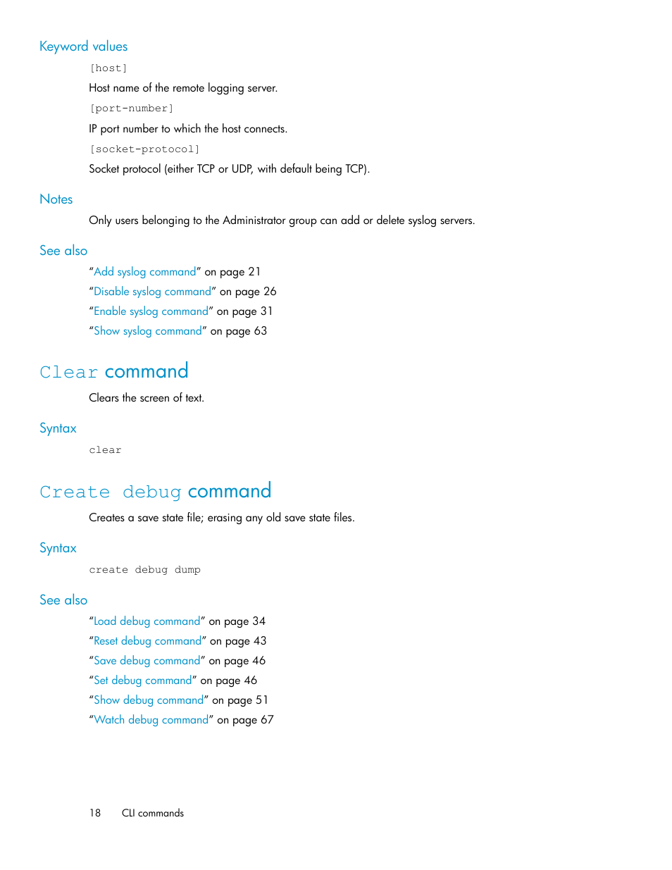 Clear command, Create debug command, 18 create debug command | HP SAN Virtualization Services Platform User Manual | Page 18 / 94