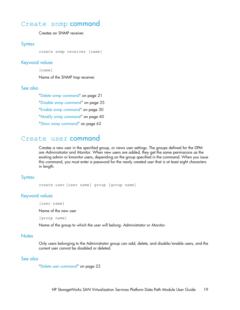 Create snmp command, Create user command, 19 create user command | Create user, Command | HP SAN Virtualization Services Platform User Manual | Page 19 / 94