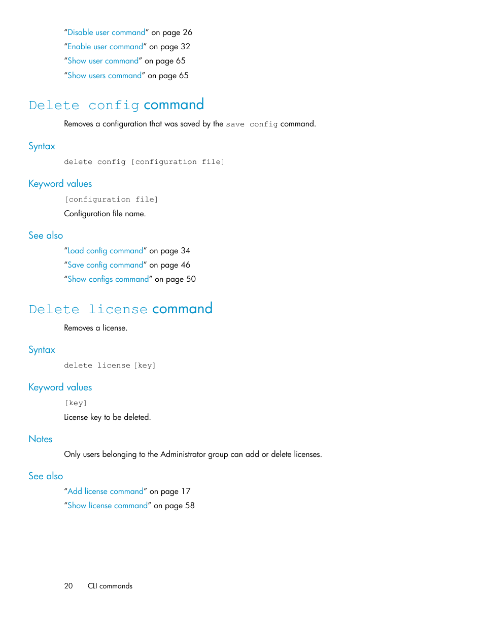 Delete config command, Delete license command, 20 delete license command | HP SAN Virtualization Services Platform User Manual | Page 20 / 94