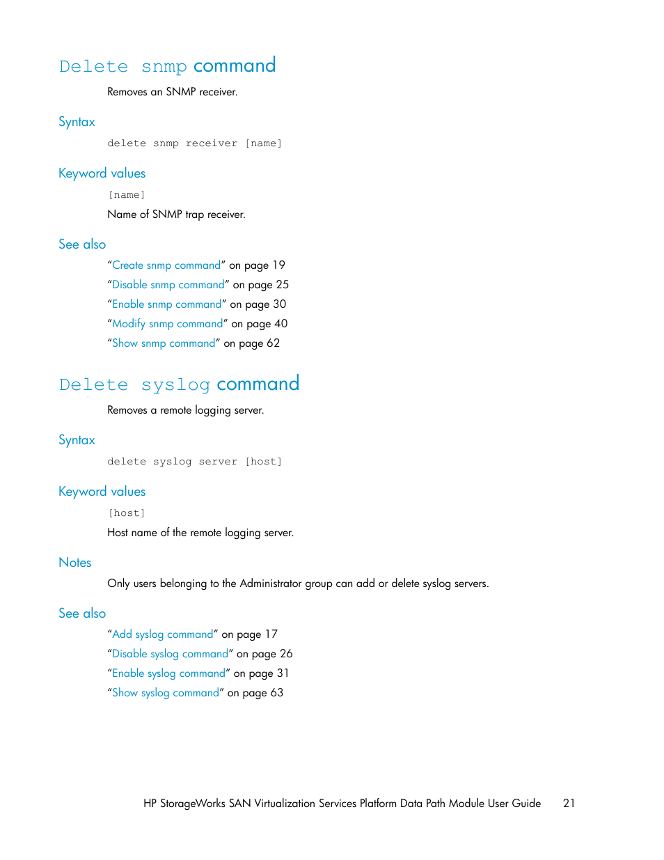 Delete snmp command, Delete syslog command, 21 delete syslog command | Add syslog command | HP SAN Virtualization Services Platform User Manual | Page 21 / 94