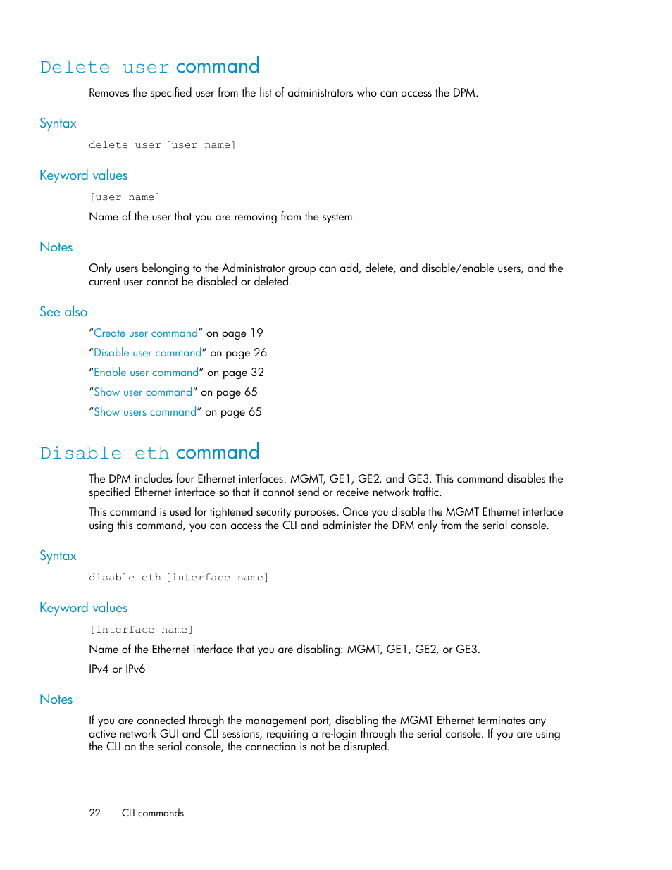 Delete user command, Disable eth command, 22 disable eth command | HP SAN Virtualization Services Platform User Manual | Page 22 / 94