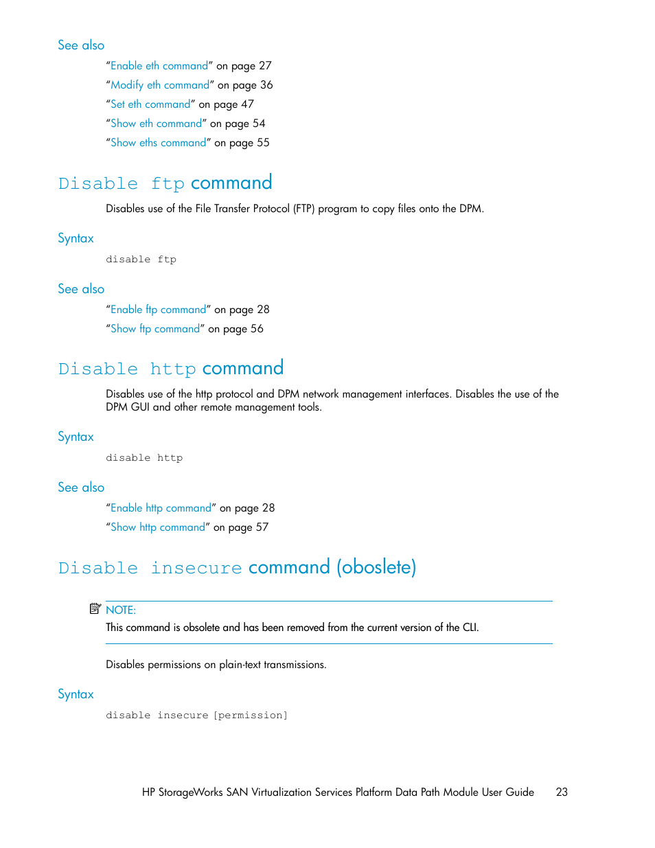 Disable ftp command, Disable http command, Disable insecure command (oboslete) | 23 disable http command, 23 disable insecure command (oboslete) | HP SAN Virtualization Services Platform User Manual | Page 23 / 94