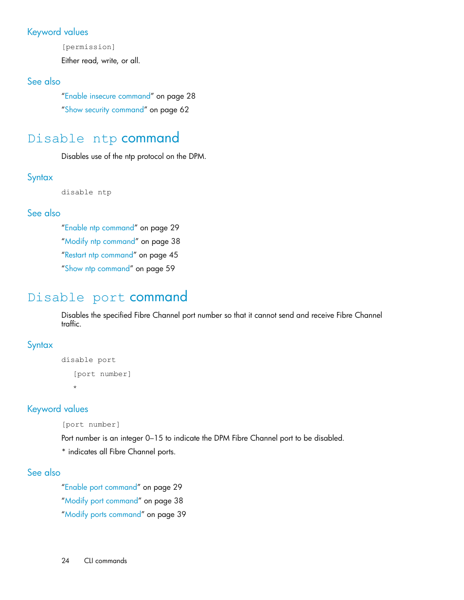 Disable ntp command, Disable port command, 24 disable port command | HP SAN Virtualization Services Platform User Manual | Page 24 / 94
