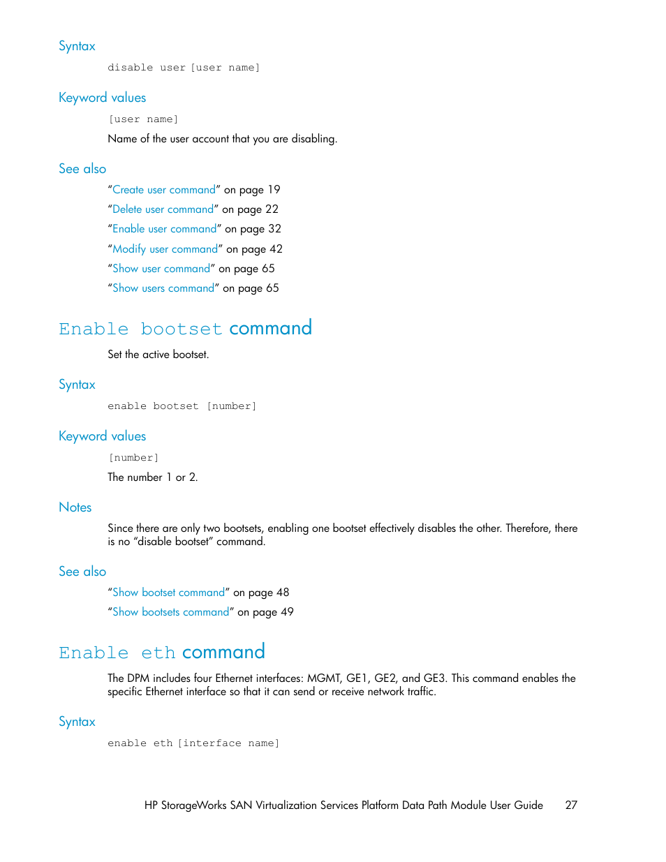 Enable bootset command, Enable eth command, 27 enable eth command | HP SAN Virtualization Services Platform User Manual | Page 27 / 94