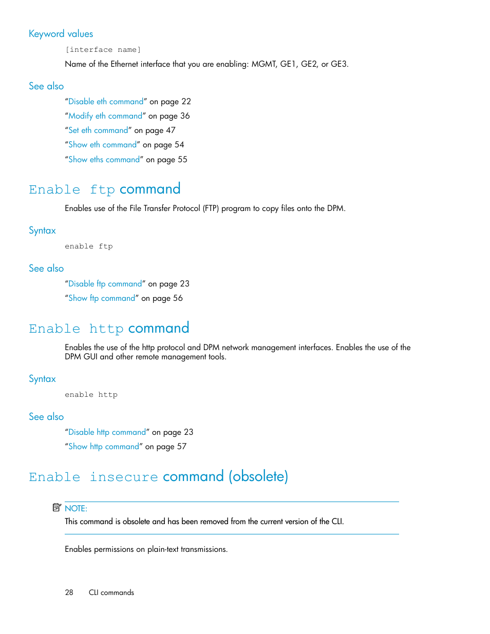 Enable ftp command, Enable http command, Enable insecure command (obsolete) | 28 enable http command, 28 enable insecure command (obsolete), Enable insecure command | HP SAN Virtualization Services Platform User Manual | Page 28 / 94