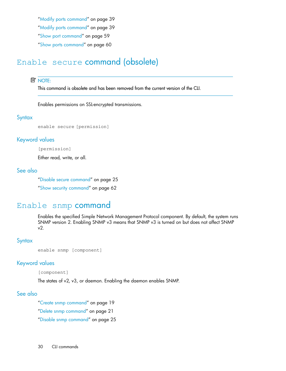 Enable secure command (obsolete), Enable snmp command, 30 enable snmp command | Enable secure command | HP SAN Virtualization Services Platform User Manual | Page 30 / 94