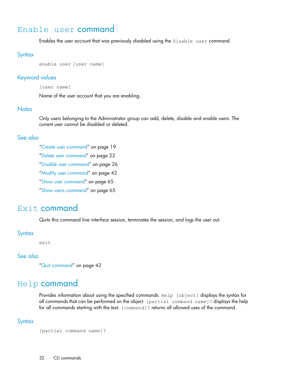 Enable user command, Exit command, Help command | 32 exit command, 32 help command | HP SAN Virtualization Services Platform User Manual | Page 32 / 94