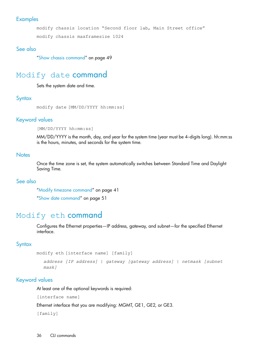 Modify date command, Modify eth command, 36 modify eth command | HP SAN Virtualization Services Platform User Manual | Page 36 / 94