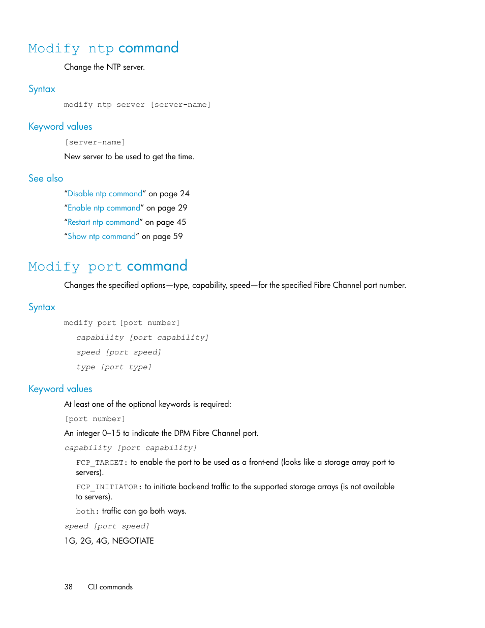 Modify ntp command, Modify port command, 38 modify port command | HP SAN Virtualization Services Platform User Manual | Page 38 / 94