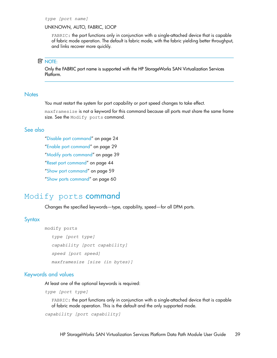 Modify ports command, Modify ports, Command | HP SAN Virtualization Services Platform User Manual | Page 39 / 94