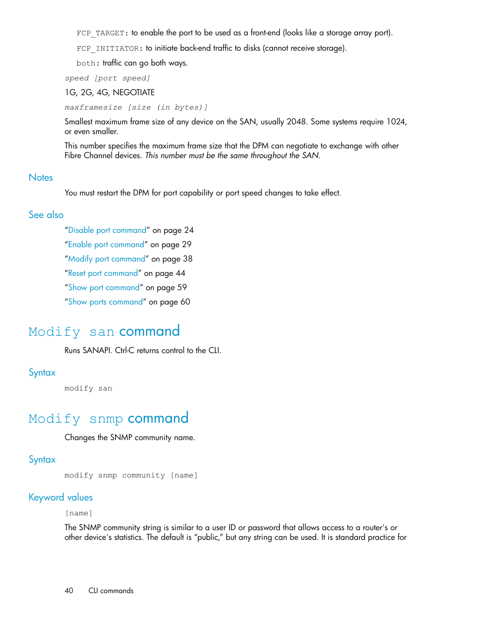 Modify san command, Modify snmp command, 40 modify snmp command | HP SAN Virtualization Services Platform User Manual | Page 40 / 94