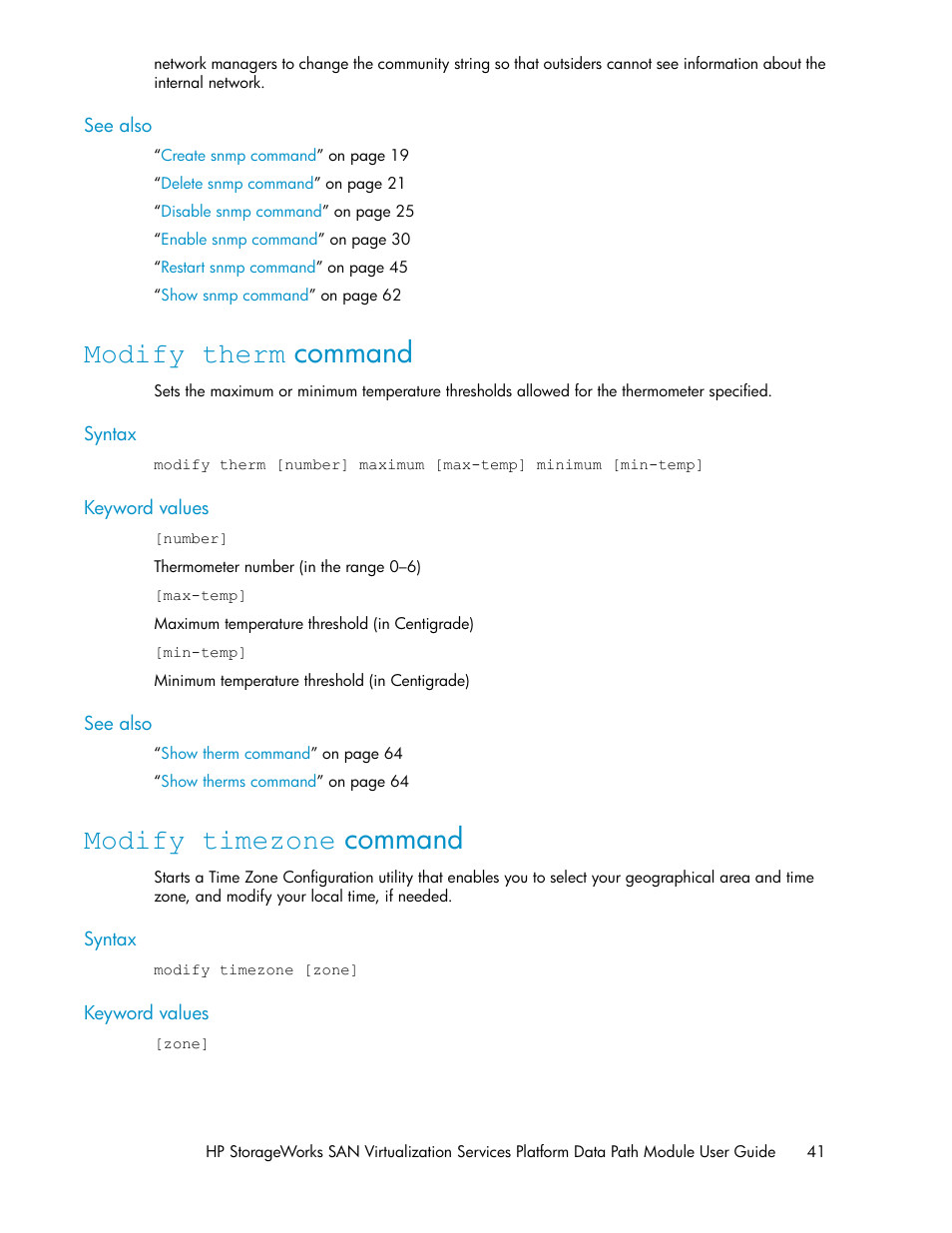 Modify therm command, Modify timezone command, 41 modify timezone command | HP SAN Virtualization Services Platform User Manual | Page 41 / 94