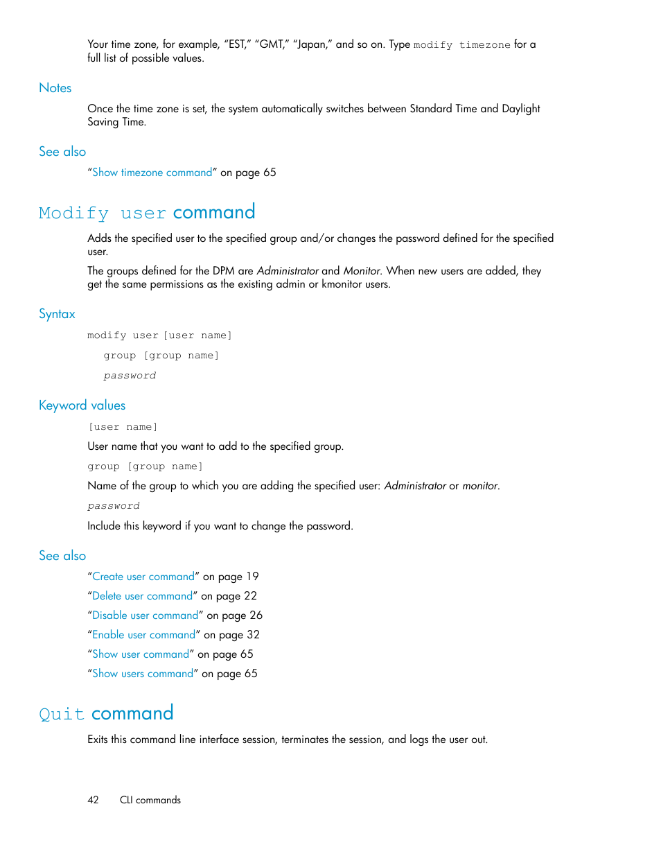 Modify user command, Quit command, 42 quit command | HP SAN Virtualization Services Platform User Manual | Page 42 / 94