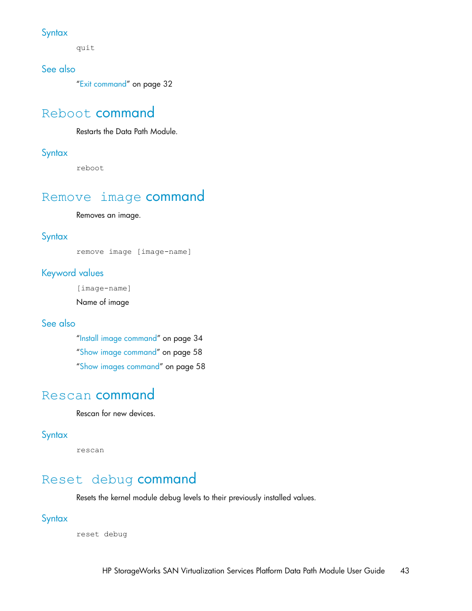 Reboot command, Remove image command, Rescan command | Reset debug command, 43 remove image command, 43 rescan command, 43 reset debug command | HP SAN Virtualization Services Platform User Manual | Page 43 / 94