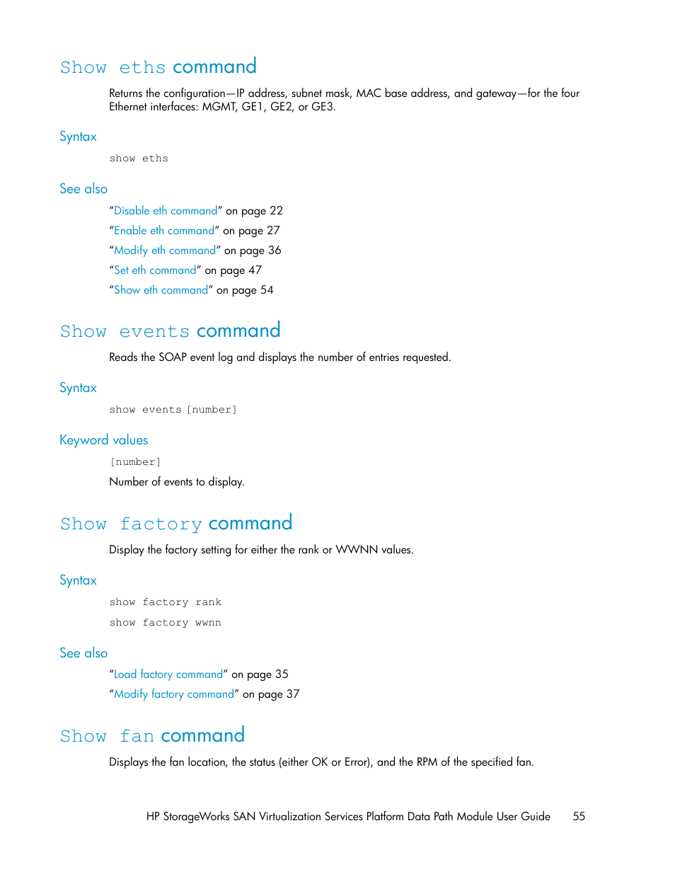 Show eths command, Show events command, Show factory command | Show fan command, 55 show events command, 55 show factory command, 55 show fan command | HP SAN Virtualization Services Platform User Manual | Page 55 / 94