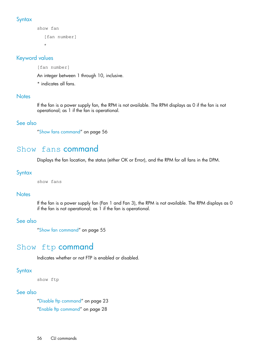 Show fans command, Show ftp command, 56 show ftp command | HP SAN Virtualization Services Platform User Manual | Page 56 / 94