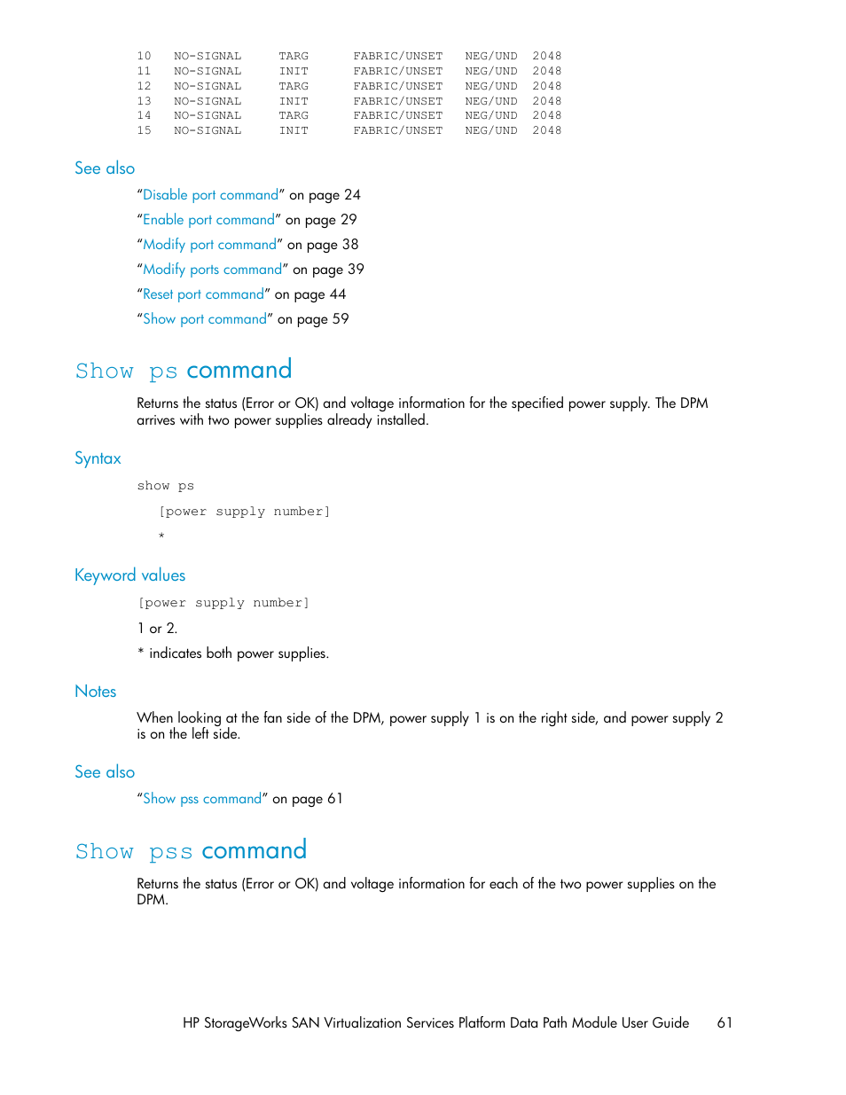 Show ps command, Show pss command, 61 show pss command | HP SAN Virtualization Services Platform User Manual | Page 61 / 94