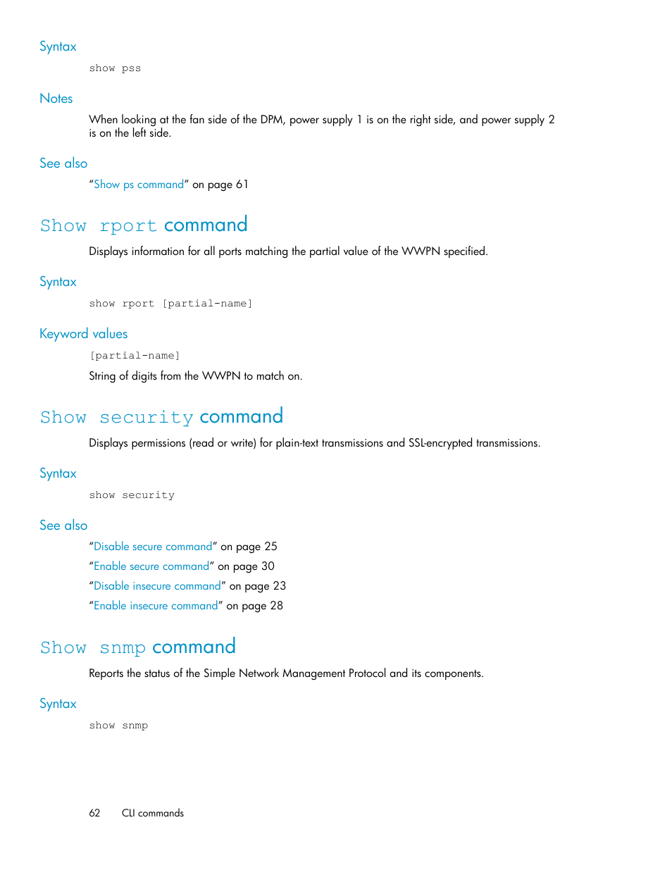 Show rport command, Show security command, Show snmp command | 62 show security command, 62 show snmp command | HP SAN Virtualization Services Platform User Manual | Page 62 / 94