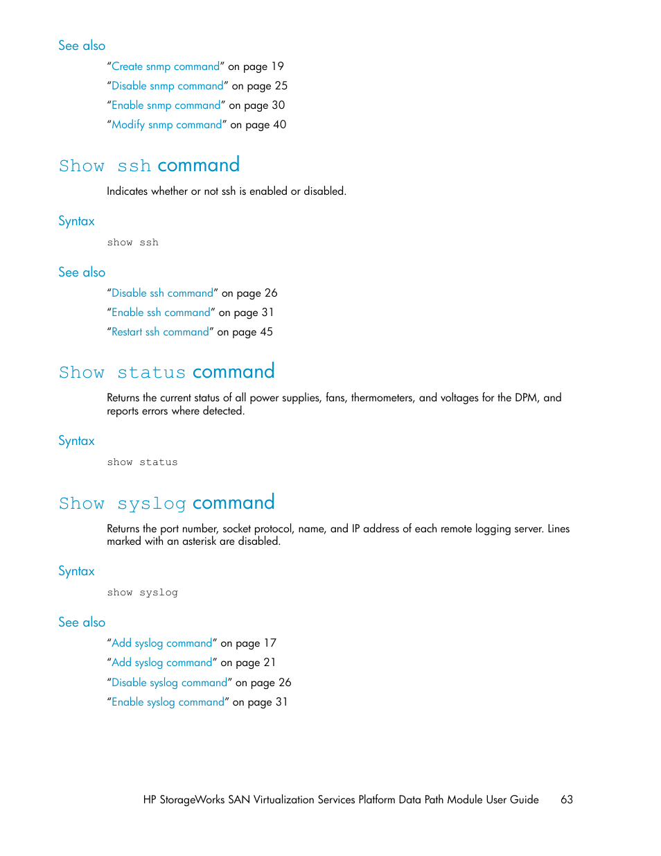 Show ssh command, Show status command, Show syslog command | 63 show status command, 63 show syslog command | HP SAN Virtualization Services Platform User Manual | Page 63 / 94