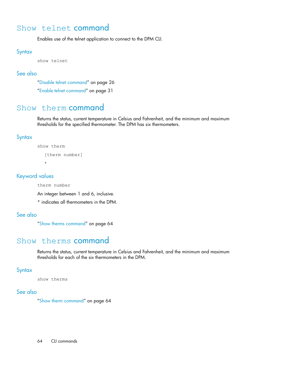 Show telnet command, Show therm command, Show therms command | 64 show therm command, 64 show therms command | HP SAN Virtualization Services Platform User Manual | Page 64 / 94