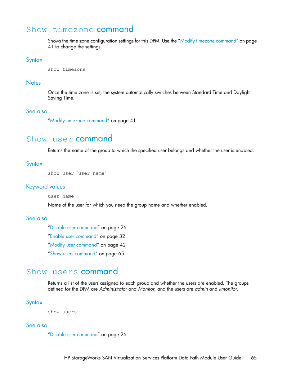 Show timezone command, Show user command, Show users command | 65 show user command, 65 show users command, Show user, Command | HP SAN Virtualization Services Platform User Manual | Page 65 / 94