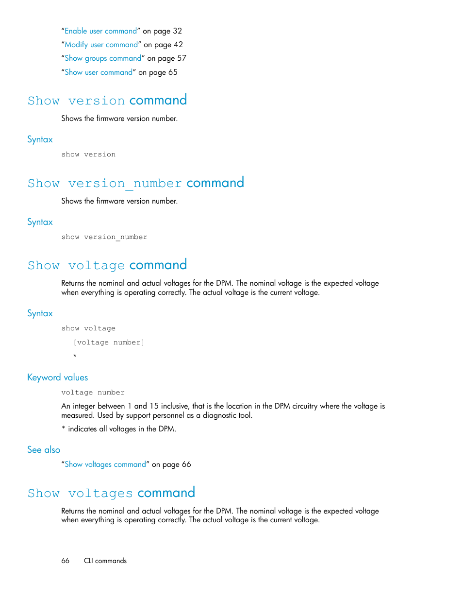 Show version command, Show version_number command, Show voltage command | Show voltages command, 66 show version_number command, 66 show voltage command, 66 show voltages command | HP SAN Virtualization Services Platform User Manual | Page 66 / 94