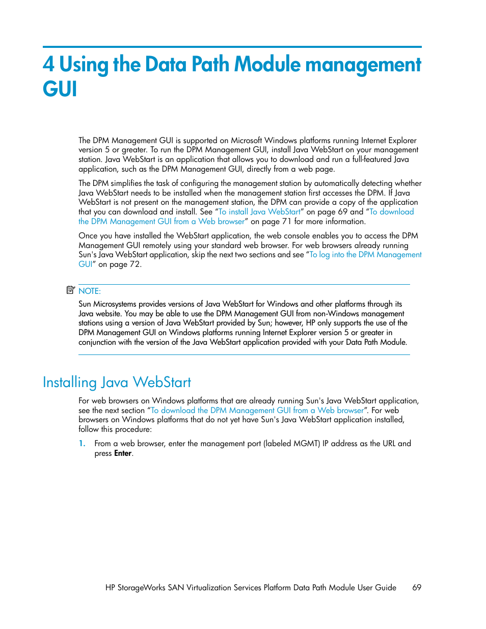 4 using the data path module management gui, Installing java webstart | HP SAN Virtualization Services Platform User Manual | Page 69 / 94