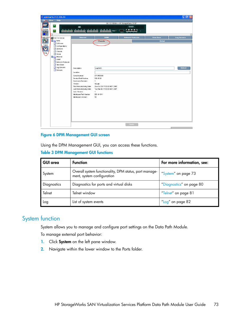 System function, Dpm management gui screen, Dpm management gui functions | HP SAN Virtualization Services Platform User Manual | Page 73 / 94