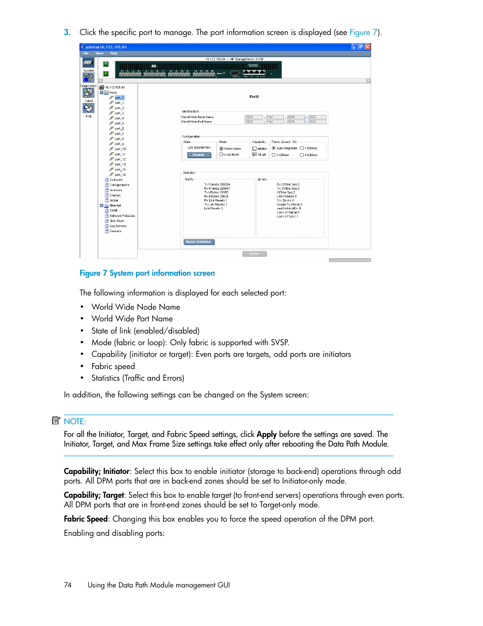 System port information screen | HP SAN Virtualization Services Platform User Manual | Page 74 / 94